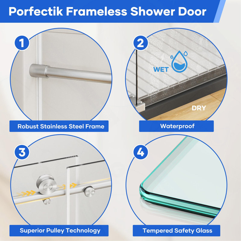 56-60"W x74"H Frameless Single Sliding Shower Door, 8mm Thick Clear Tempered Glass with Brushed Nickel Stainless Steel Hardware