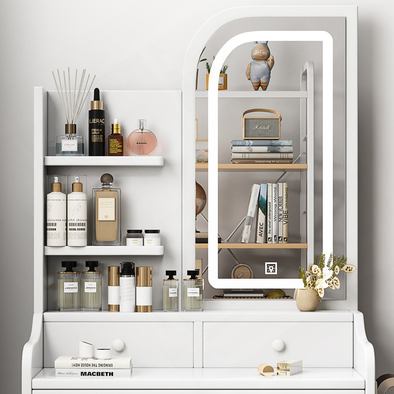 Fashion Vanity Desk With Mirror, Lights, Hair Dryer Holder, And 3-Drawer Storage For Makeup And Organization