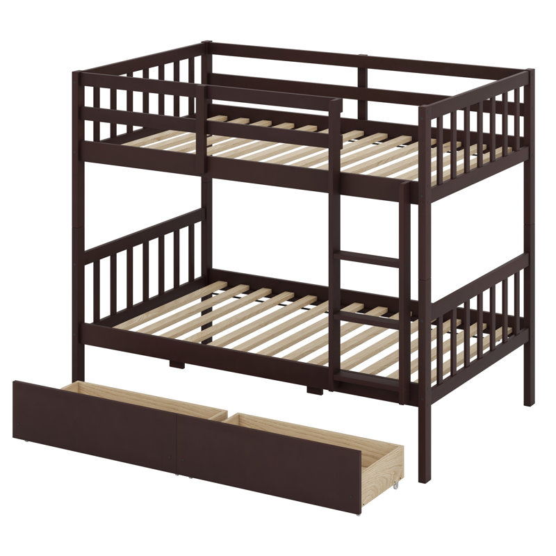 Lit superposé en bois avec 2 tiroirs, avec échelle et garde-corps, convertible en 2 lits, Espresso