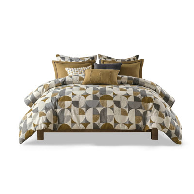 King Comforter Of 9 Pieces In Gold, Mid - Century Scandinavian Geometric Pattern, All Season Cozy And Relaxed, Removable Duvet Cover With Non Visible Bartack Stitching Restful, Inner Ties