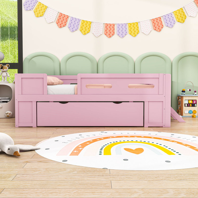 Wood Low Loft Bed with Guardrail and Storage Drawer,Ladder, Full, Pink