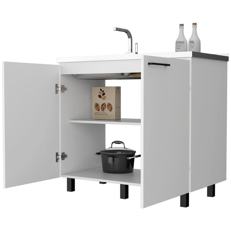 2 éviers utilitaires et une armoire en blanc élégant avec une solution de cuisine pratique, Argent argent