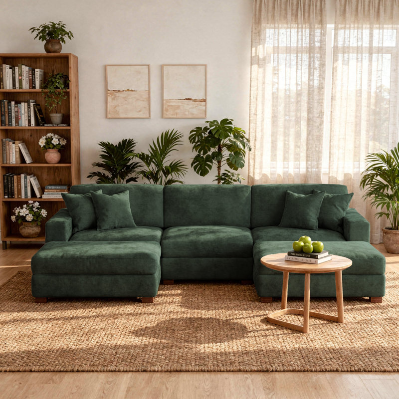 5 - Piece Upholstered Green Chenille Modular Sectional Sofa with Throw Pillows & Removable Ottomans, Green Chenille
