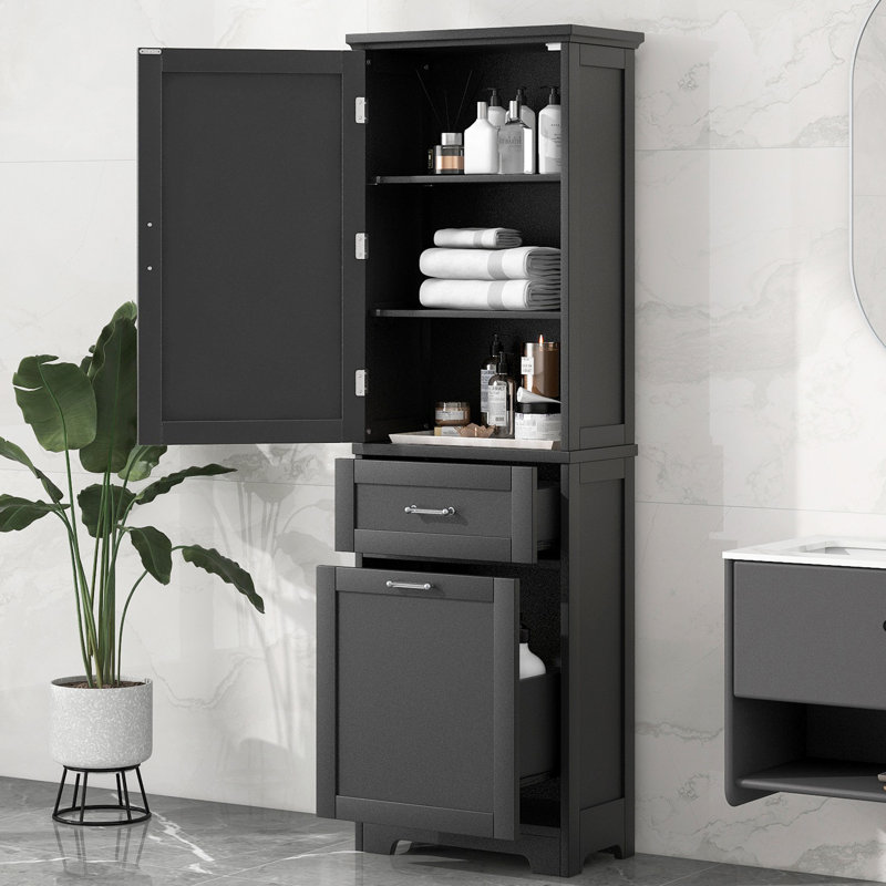 Freestanding Tall Bathroom Storage Cabinet Of Black Painted Finish, Two Different Size Drawers, Adjustable Shelf And - Toppling Installation For Home With Shelf, Slide Rails Feature