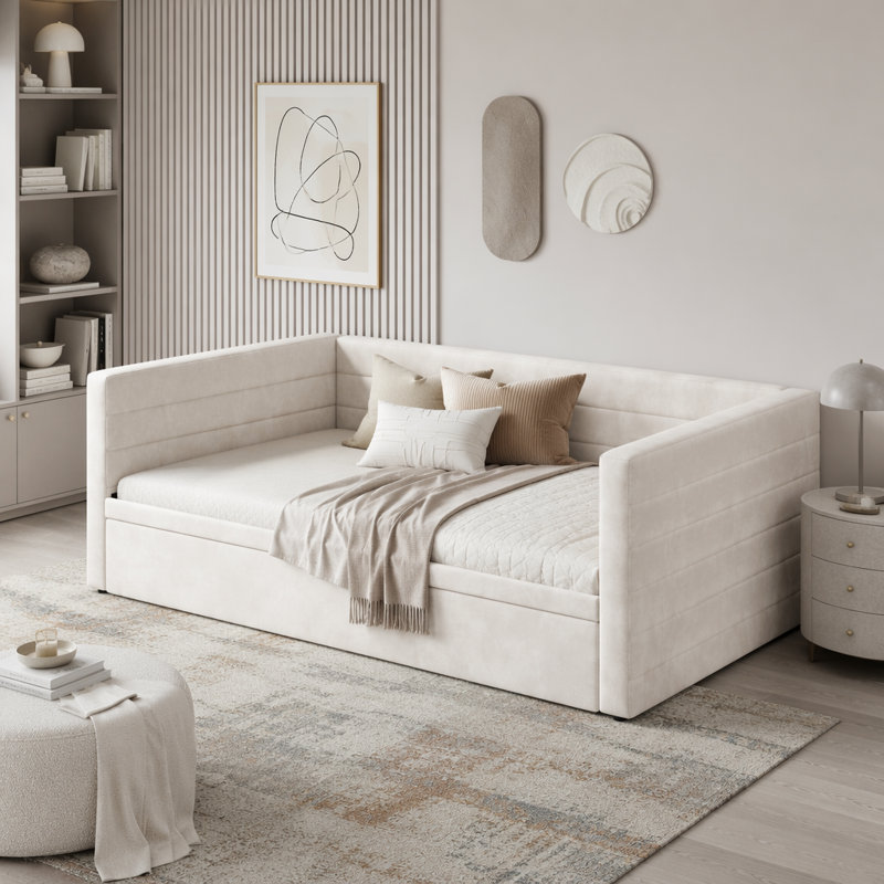 Structure de lit de jour rembourré avec lit gigogne, Beige