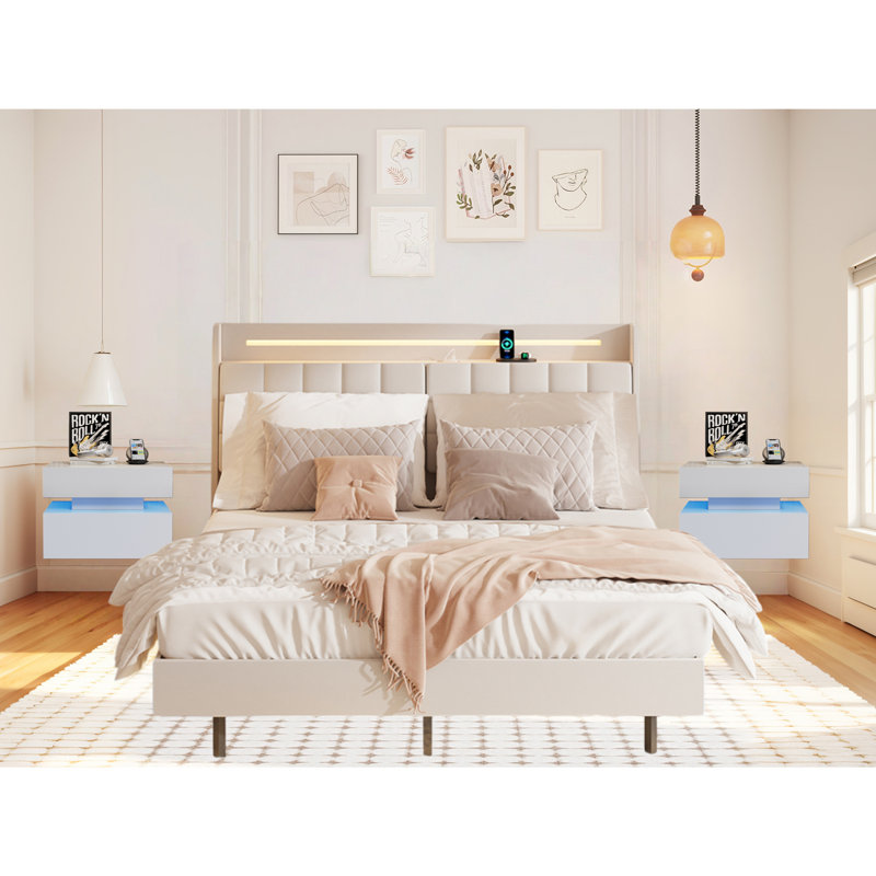 3-Pieces Bedroom Sets,Floating Bed Frame With LED Light And Charging Station  And Two LED Nightstand With 2 High Gloss Drawers