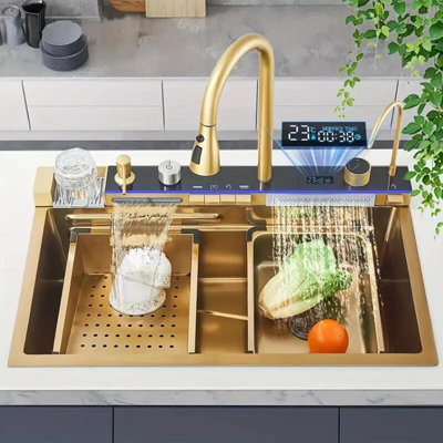 Black Gray 31.5inch Flying Rain Stainless Steel Waterfall Kitchen Sink Single Bowl w/Faucet