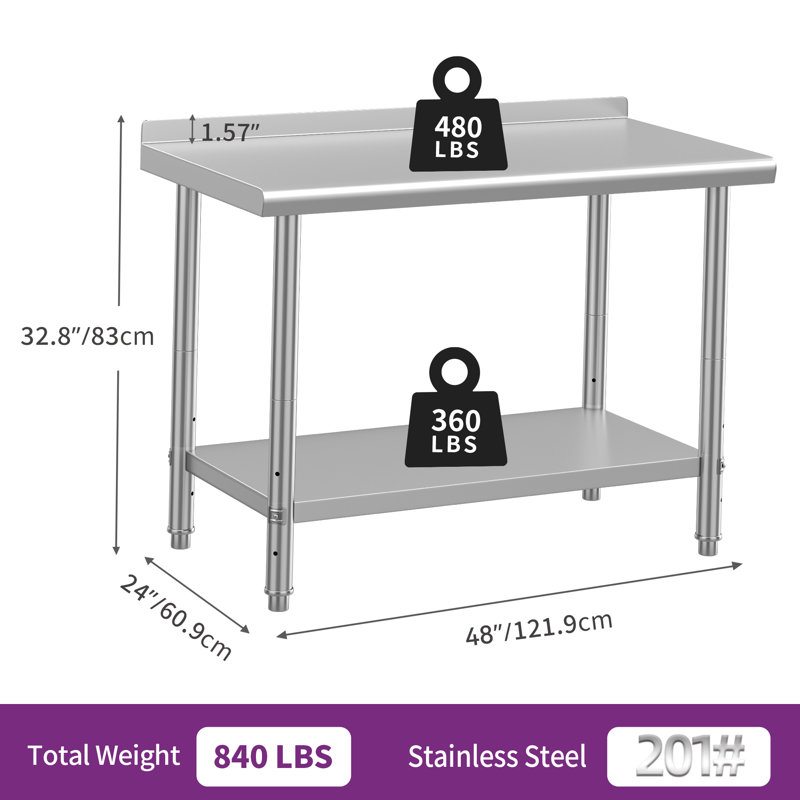 Adjustable Stainless Steel Table for Prep & Work with Backsplash, 32.8" H x 48" W x 24" D