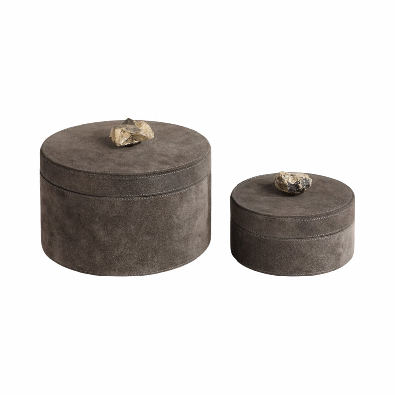 Boîte à souvenirs élégante avec finition en suède - Élégante décoration de rangement avec poignée en pierre pour le bureau et la chambre à coucher - Boîtes décoratives modernes avec couvercle pour bijoux ou accessoires - ensemble de 2, 8 po, gris