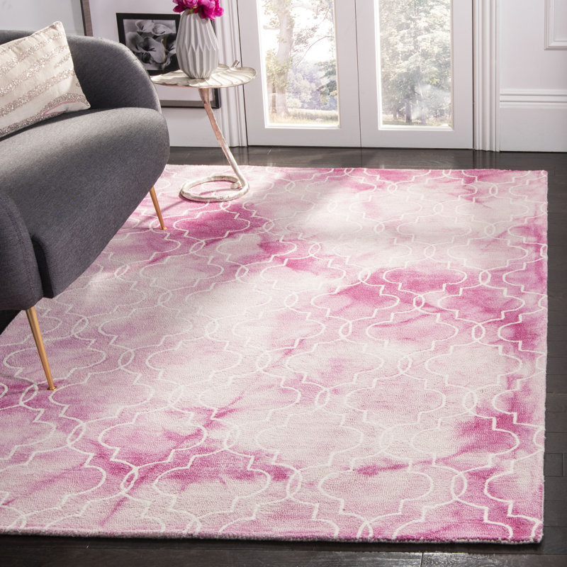 Tapis géométrique rose / ivoire en laine / coton touffeté à la main Berman, Rectangle 4 pi x 6 pi