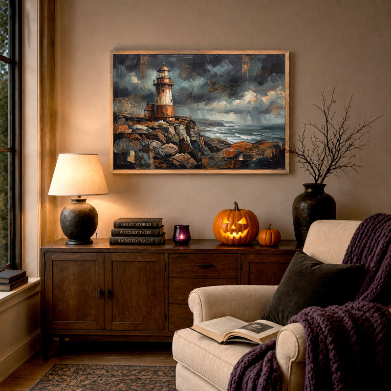 Tableau sur toile texturé représentant un phare rouillé sur une falaise rocheuse, idéal pour l'Halloween, H 32 po x l 48 po