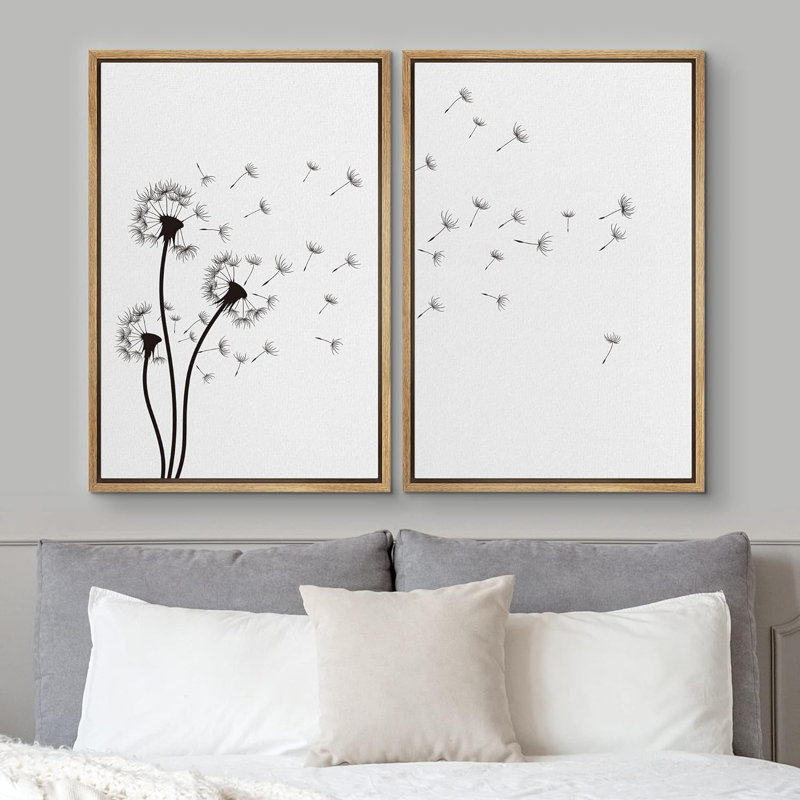 «Black and White Dandelion Minimalist Botanical Decor», reproduction d'art sur toile encadrée 2 pièces, H 36 po x l 24 po