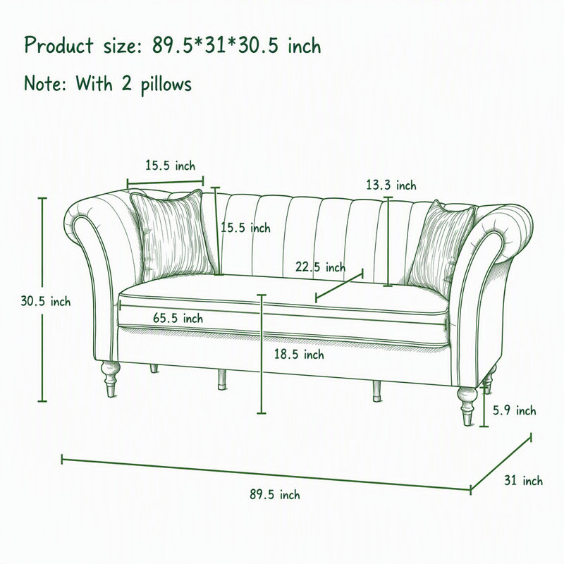 Canapé 3 places en velours de 227 cm (89,5 po) avec dossier capitonné et structure en bois massif, Velours noir
