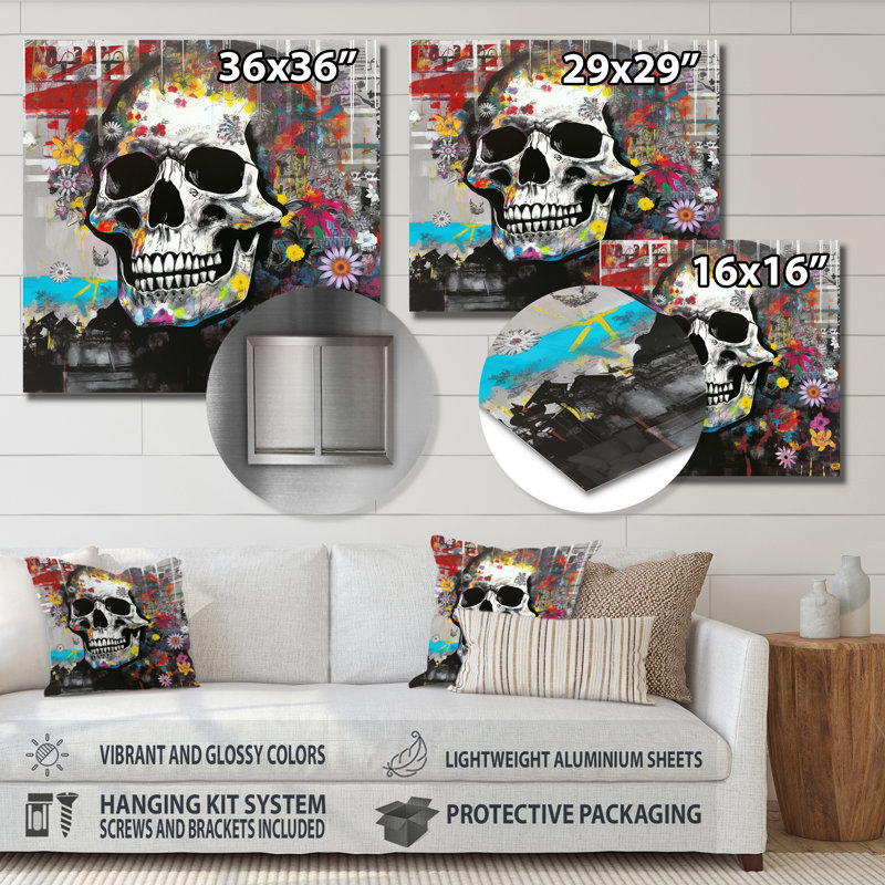 Graffitied Skull I - Abstract Metal Wall Art Living Room, 16" H x 16" W x 1" D