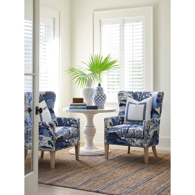 Barclay Butera Upholstery Upholstered Wingback Chair, Blue Linen Blend, Cameo Shores