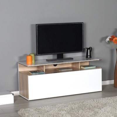 Meuble télé moderne avec de nombreuses tablettes, chêne et blanc, 46,1 po x 18,9 po x 15,7 po | Panneau de particules 100% enduit de mélamine | Conception à fixation murale | Solution de rangement élégante et fonctionnelle pour le salon et les espaces de divertissement