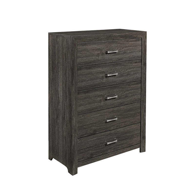Commode 5 tiroirs contemporaine avec finition gris foncé et poignées chromées pour un rangement moderne dans la chambre à coucher