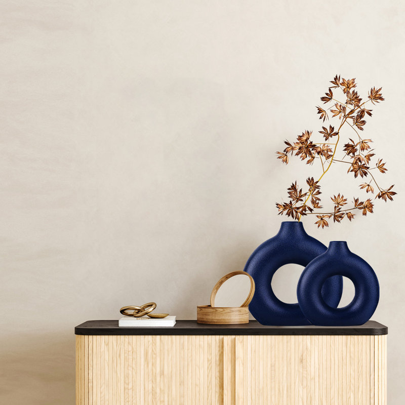 Flower Vase, Flower Vase, Ceramic Vase For Home Decor, Set Of 2, Navy