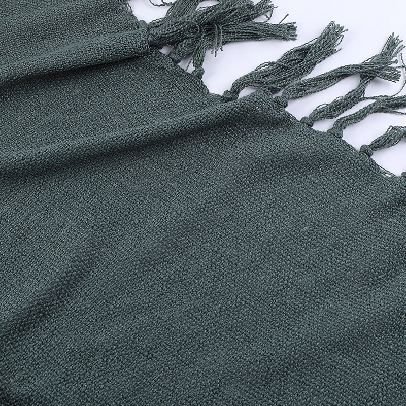 Dark Green Knitted Fringe Blanket, 50"x60"