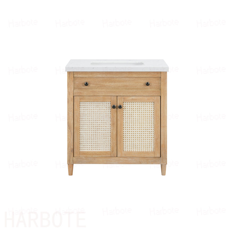 Meuble-lavabo à panneaux Cane avec plateau en pierre reconstituée