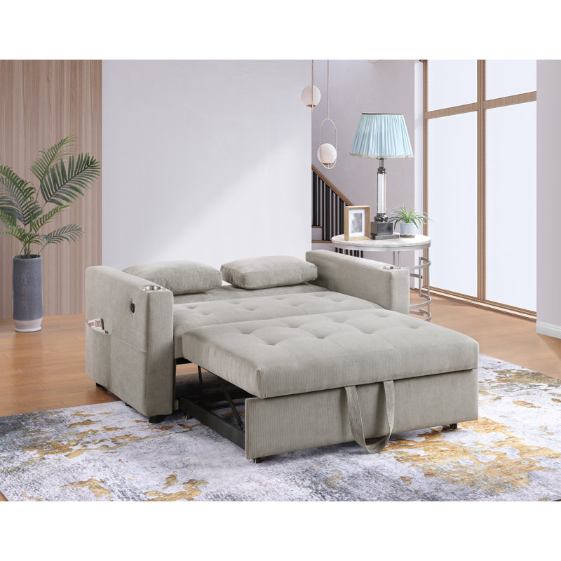 Luelle 57"W Corduroy Convertible Sleeper Loveseat With Cupholders, USB Ports, Magazine Pockets, Pillows, Tufting, Gray