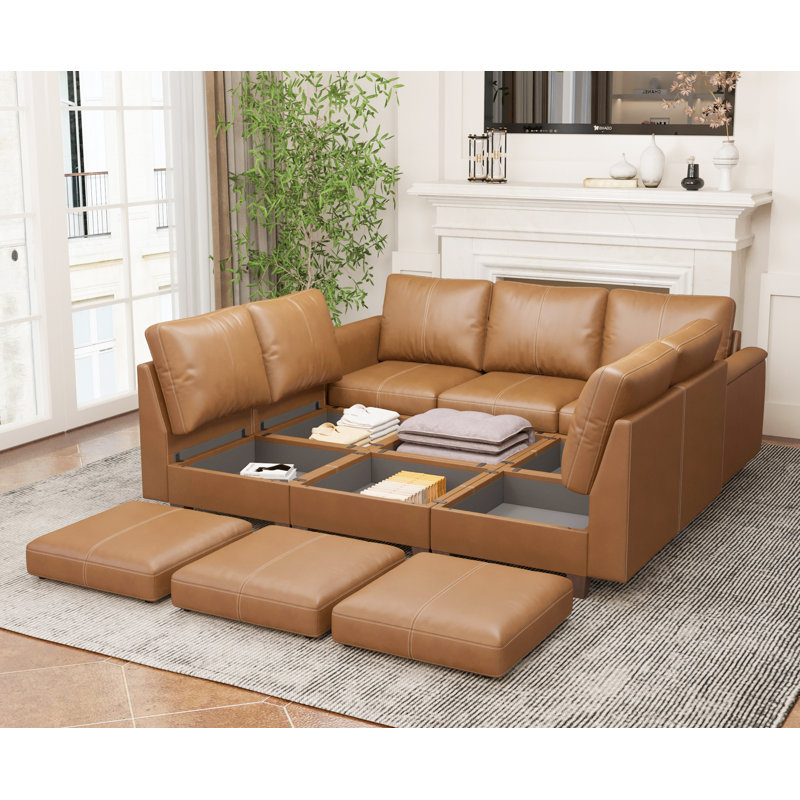 Oversized Modular Sectional Sleeper Sofa Bed with Storage & Ottoman, Convertible Faux Leather 9 Seat U Shaped Modular Couches for Living Room, 91inch Width