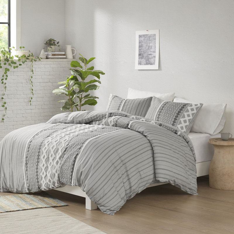 Gray Full Cotton Reversible Comforter Set with Chenille