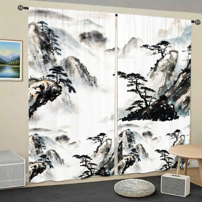 2Pcs Misty Mountain Landscape Curtains, Traditional Ink Wash Painting Style, Scenic Vistas with Pine Trees, Light Filtering and Privacy Drapes, Rod Pocket Design, for Living Room, Bedroom, Balcony, Kitchen, Outdoor Home Decor