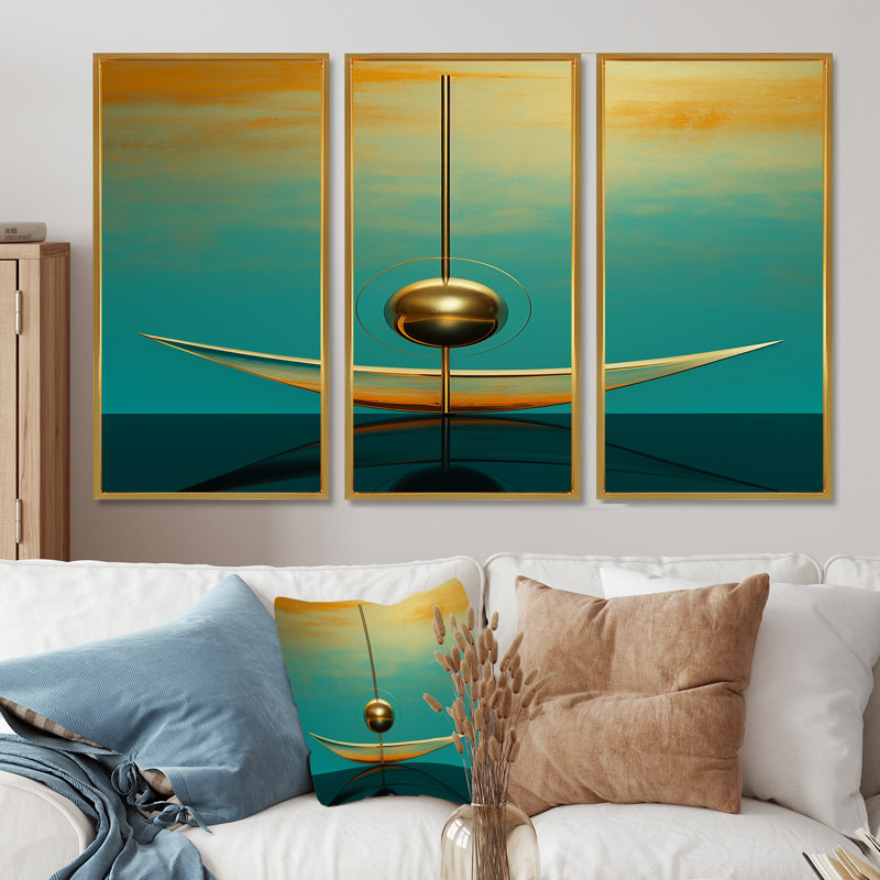 Minimal Zen Gold Sphere - Ensemble de décoration murale pierre spirituelle, Cadre flottant doré, H 28 po x l 36 po x P 1 po