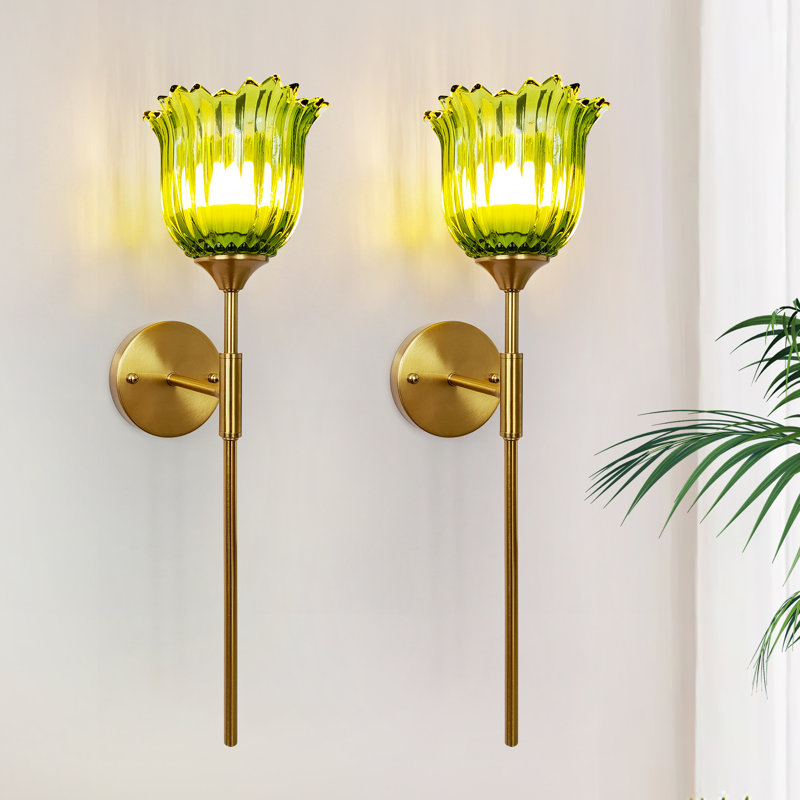  Battery Operated Wall Sconces with Remote, Rechargeable Wireless Gold Wallchiere with Green Rosette Glass Shade, RGB Dimmable Light (Set of 2)