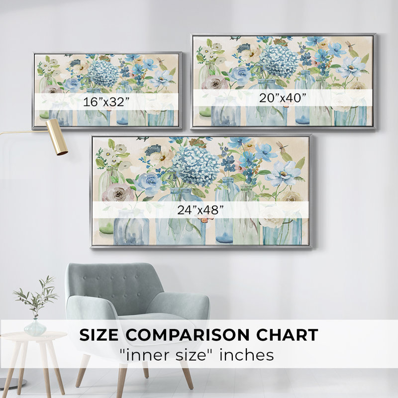 Jardin papillon bleu - Toile tendue avec châssis tendue, prête à être accrochée, H 21 po x l 41 po, Argent argent