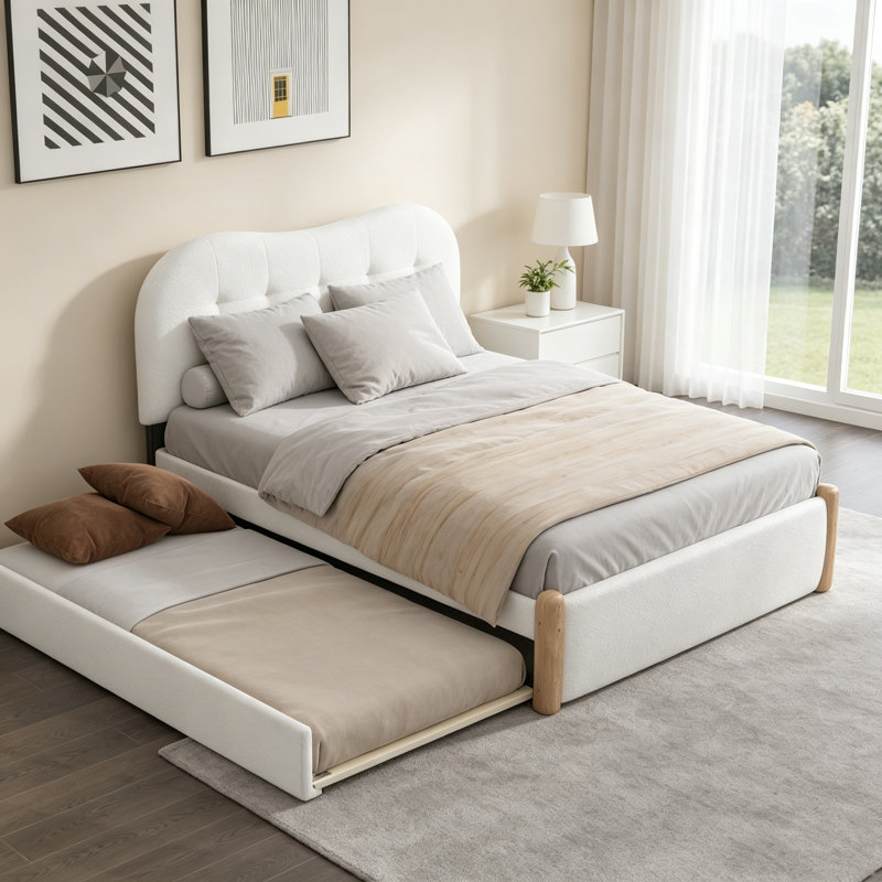 Lit plateforme double tapissier pleine grandeur avec pieds de support en bois et lit gigogne simple, Full, White
