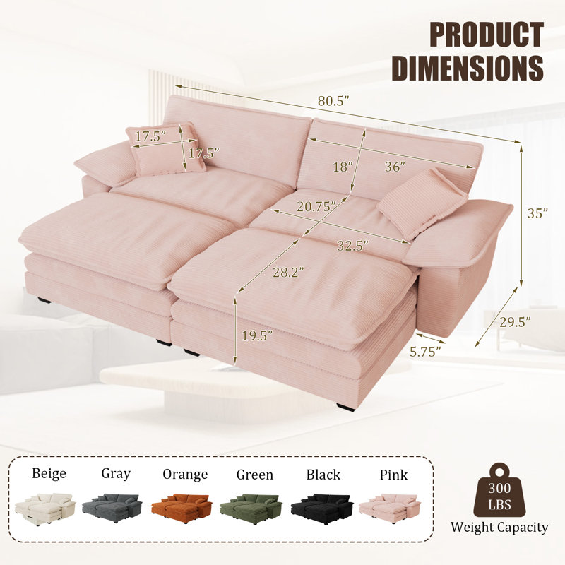 Canapé modulaire 80,5 pouces avec repose-pieds modulaire avec repose-pieds Cloud, Rose