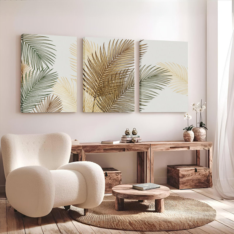 Ensemble de 3 tableaux sur toile tendue, motif feuilles de palmier tropicales dorées et vertes, pour la décoration du salon et de la chambre.