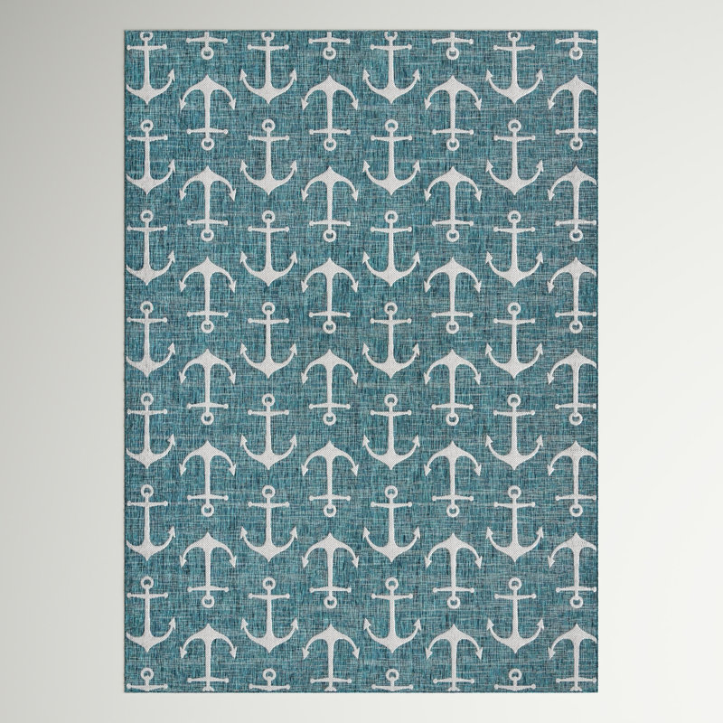 Tapis intérieur / extérieur bleu sarcelle / ivoire Glidden, Rectangle 5 pi 3 po x 7 pi 10 po