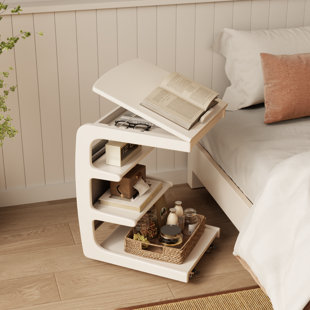 Table à plateau rabattable avec rangement, table de bout mobile en bois massif avec roulettes, table d'appoint polyvalente pour le bureau à domicile