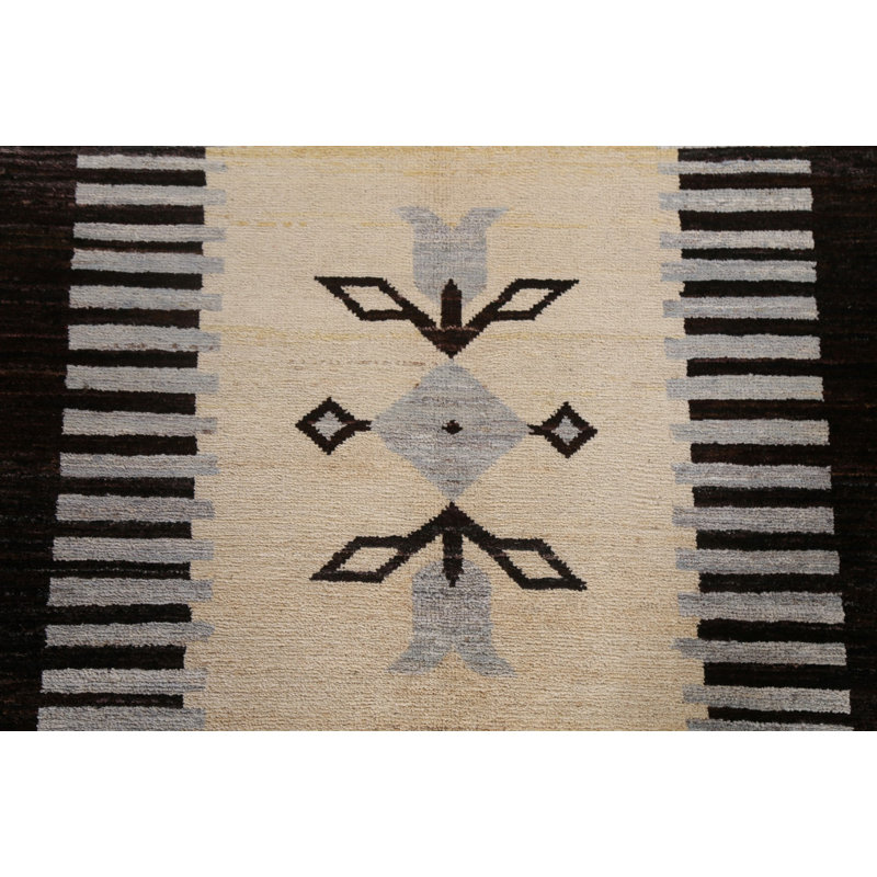Tapis noir en laine noué à la main de conception unique 6 pi 7 po x 9 pi 7 po New Age