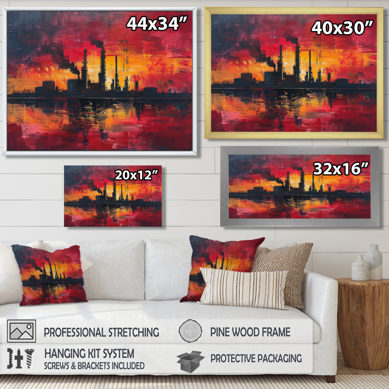 Jaune, rouge, production, pionniers, usines, usines, art mural, salon, Toile encadrée noire simple