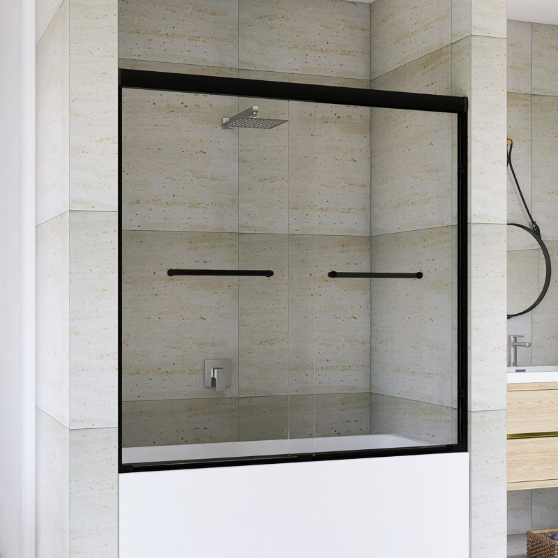 56-60 "W X 60" H Aluminum Frame Double Sliding Shower Door In Matte Black Finish, Matte Black
