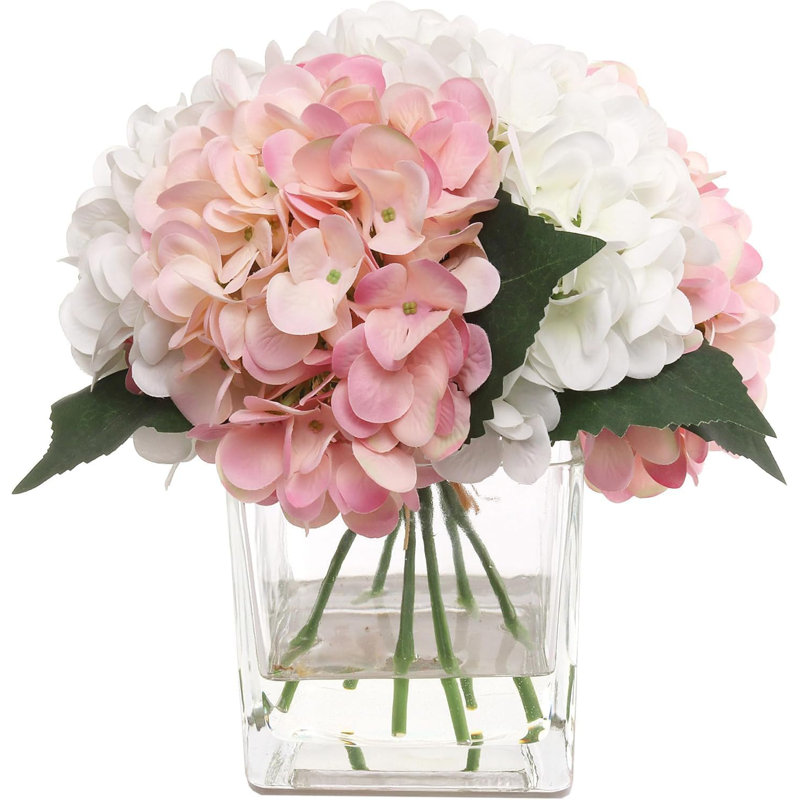 Ensemble de 8 arrangements d'hortensias roses et blancs | Faux fleurs dans des vases en verre avec un aspect d'eau - Décoration en vrac pour les événements et les maisons