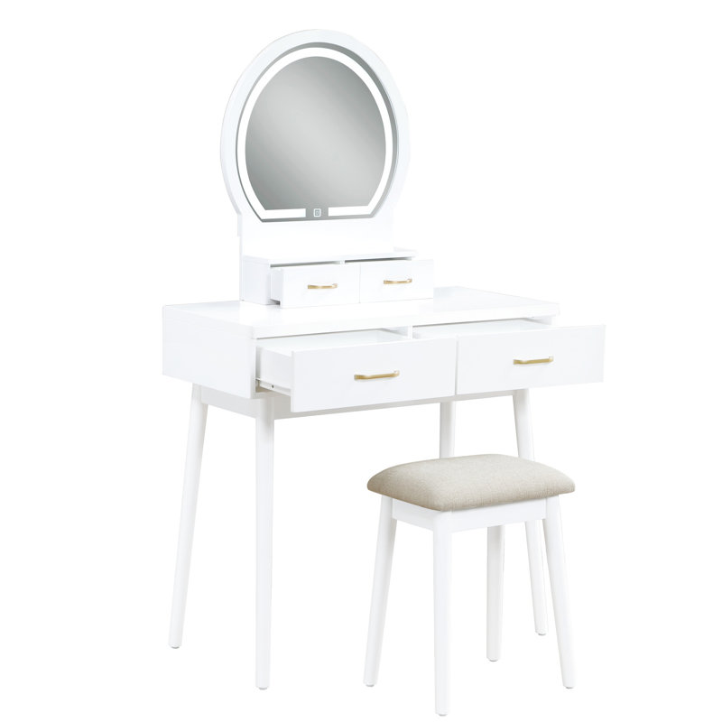 Mobilier de luxe: meuble-lavabo à finition blanche avec 4 tiroirs, miroir à DEL et tabouret pour miroir de chambre à coucher, tiroirs coulissants assortis