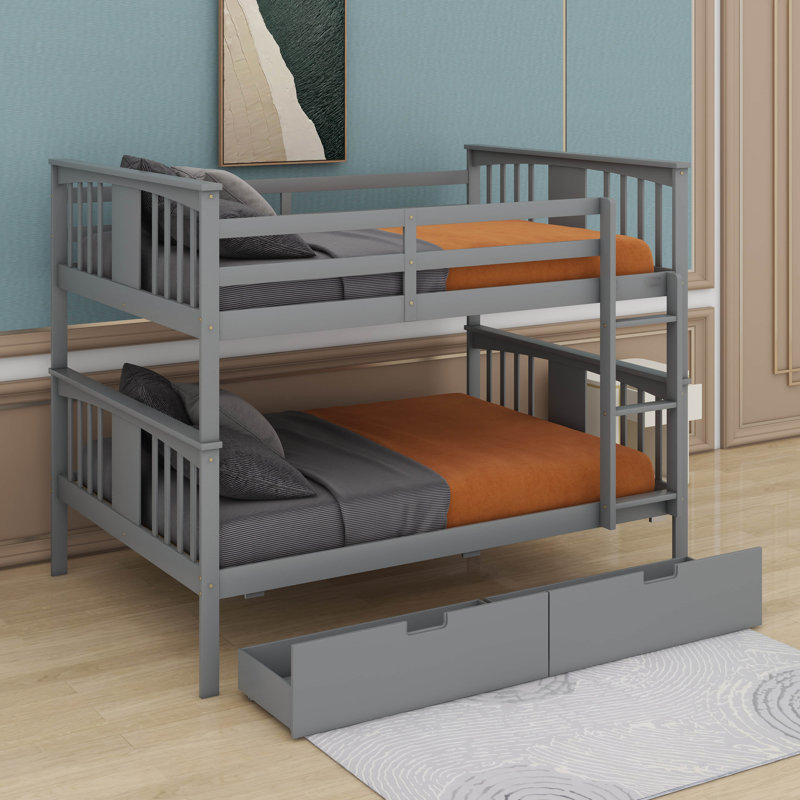 Full Over Full Bunk Bed With Drawers And Ladder, Gray
