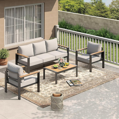 Ensemble de meubles de patio en aluminium pour 5 personnes - Canapé modulaire d'extérieur avec coussins épais lavables et table basse, ensemble de conversation pour porche, balcon, terrasse, cour