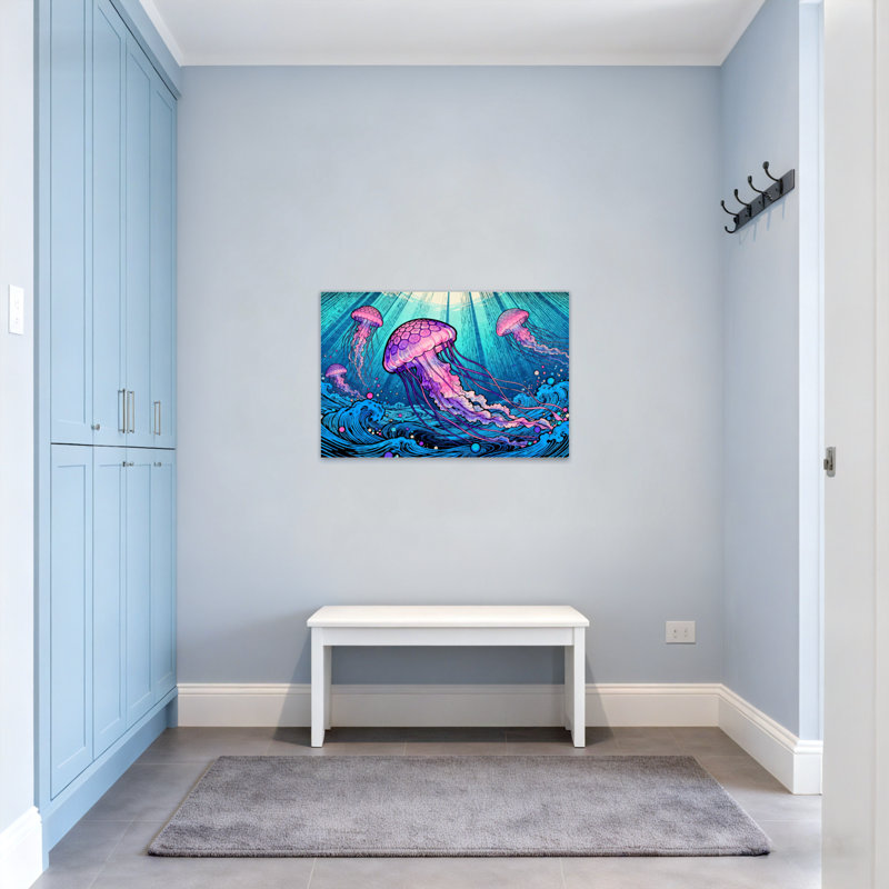 Animaux, méduse colorée, vagues de l'océan, reproduction d'art, H 12 po x l 18 po