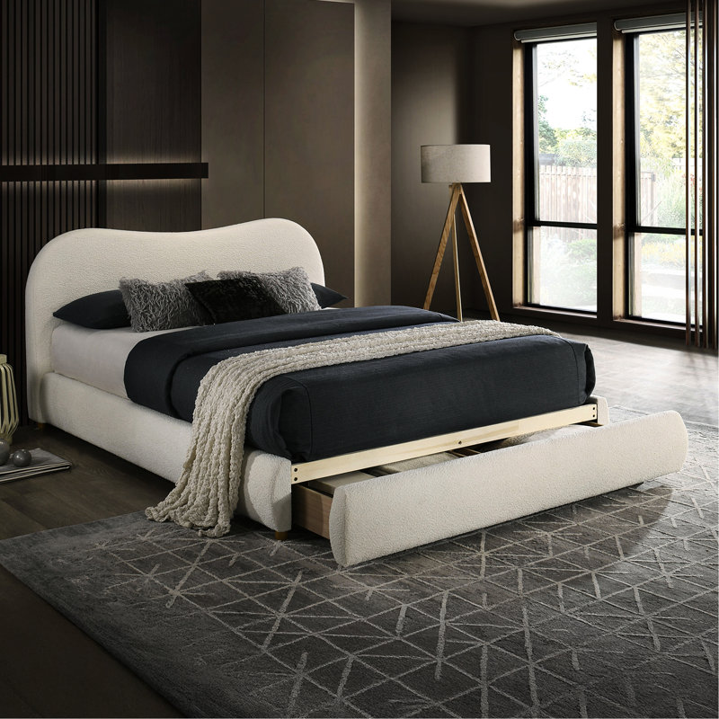 Grand lit tapissier blanc Boucle, tête de lit incurvée, tiroir de rangement, cadre de lit style transitionnel, conception, rangement, décoration de chambre à coucher moderne