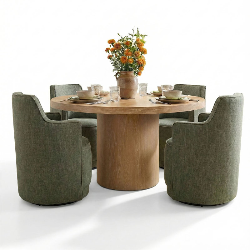 4 - Person Dining Table Sets With Round Table & 4 Upholstered Fabric Chairs, Green