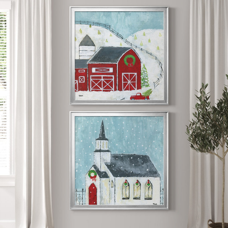 Christmas Barn - ensemble d'impressions 2 pièces, H 26,5 po x l 53 po x P 1,5 po, Toile encadrée argentée, Pas de tapis