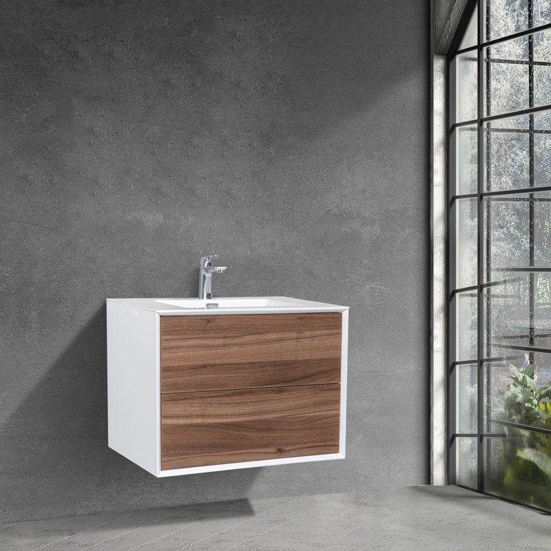 Koziara 30 po L x 19 po P 2 tiroirs Meuble-lavabo avec évier simple et Comptoir en Acrylique, Noyer