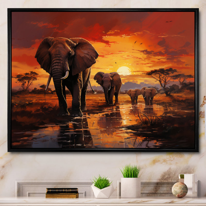 Photographie d'un éléphant d'Afrique au coucher du soleil II - Éléphant, reproduction sur toile encadrée, Cadre flottant noir
