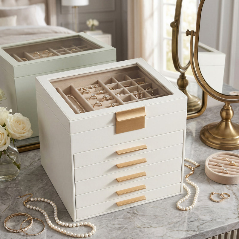 Boîte à bijoux avec couvercle en verre, organisateur de bijoux à 6 couches, 5 tiroirs, 8 x 9,1 x 9 pouces, blanc nuageux et couleur or